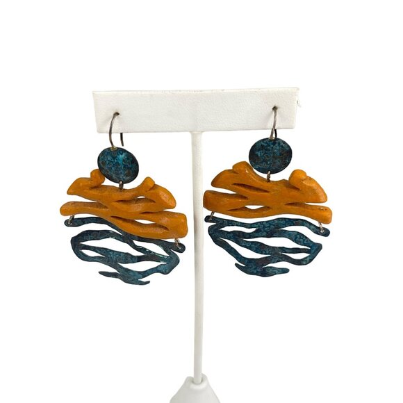 Handcrafted Abstract Art Earrings With Orange & Blue Design Wood and oxidized me - Picture 3 of 7